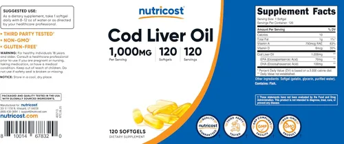 Miniatura 6 de Nutricost Aceite de hígado de bacalao 1000 mg, 120 cápsulas blandas, sin OMG y sin gluten