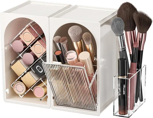 Miniatura 18 de INVSSENE Organizador de maquillaje apilable, almacenamiento de perfume para cuidado de la piel, lápiz labial cosmético, máscara facial, paletas