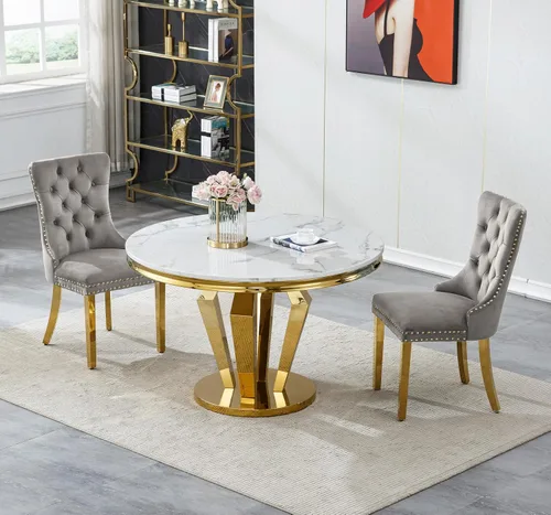 Miniatura 25 de Henf Juego de mesa de comedor redonda de mármol para 6, moderna mesa de comedor de 45 pulgadas con base de acero inoxidable con diseño de diamante