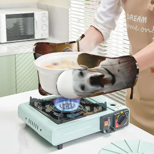 Miniatura 9 de Juego de guantes de horno y soportes para ollas con estampado de labrador blanco, resistentes al calor, antideslizantes, guantes de horno