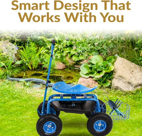 Miniatura 4 de Sunnydaze Carrito de jardín con ruedas - Taburete de jardín con ruedas - Asiento de jardinería con ruedas con mango extensible - Asiento giratorio