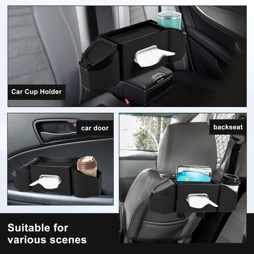 Miniatura 6 de Organizador de respaldo de asiento de automóvil 7 en 1 con portavasos, caja de pañuelos, cubo de basura y ganchos, organizador de almacenamiento