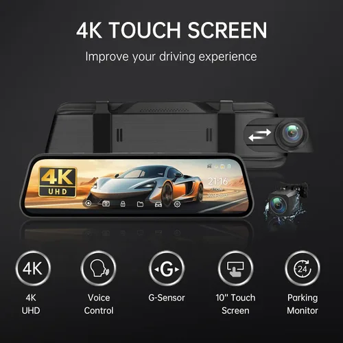 Miniatura 8 de Veement Cámara de espejo retrovisor 4K, cámara de tablero de espejo 4K de 10 pulgadas con cámara de respaldo de 1080P, cámara de tablero frontal