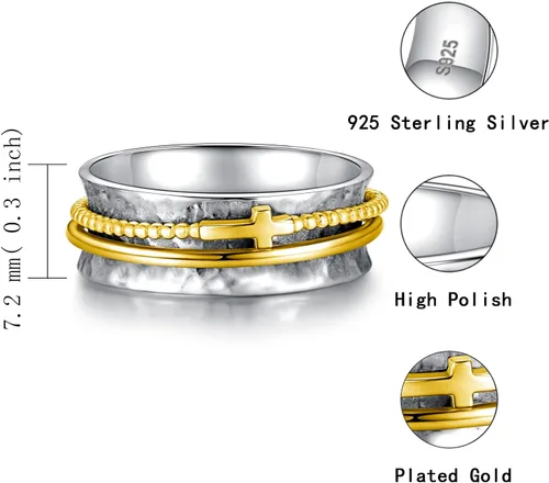Miniatura 5 de Anillo de cruz para mujer, plata de ley 925, anillos giratorios de banda ancha martillada