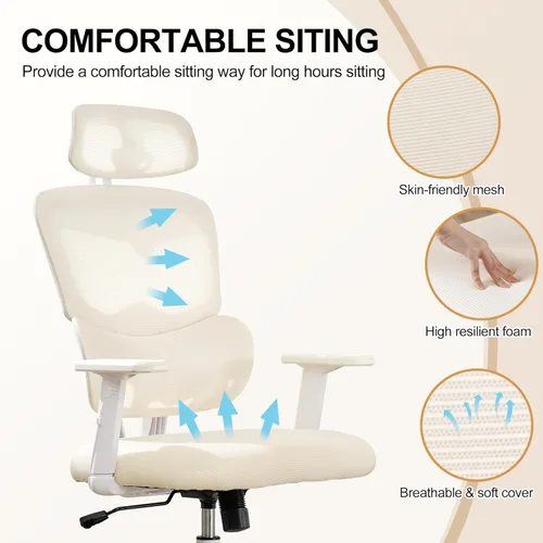 Miniatura 7 de Silla de oficina ergonómica, sillas de escritorio de oficina de malla para el hogar, silla de oficina con respaldo alto de 330 libras, silla Beige
