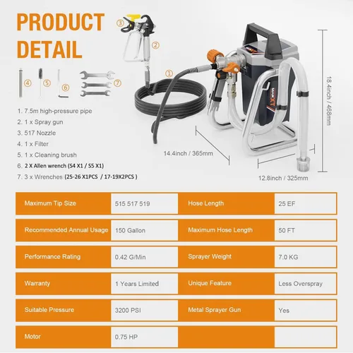 Miniatura 6 de MAXXT Pulverizadores de pintura sin aire, pulverizador de soporte sin aire de alta presión de 1300 W con 3000 PSI, peso ligero de 14.7 libras