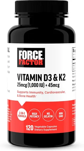 Force Factor Vitamina D3 K2 para apoyar la inmunidad, la salud del corazón, el apoyo óseo y más, fórmula 2 en 1 de alta potencia, vegano, sin