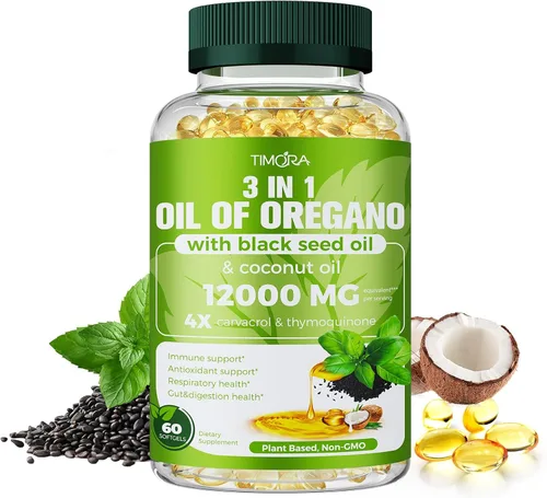 TIMORA Cápsulas blandas de aceite de orégano 40:1 con semillas negras y aceite de coco, 60 unidades | Fórmula 3 en 1 para apoyo digestivo e