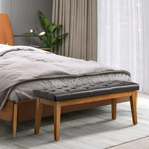 Miniatura 4 de HUIMO Banco de entrada, cuero negro, madera maciza, duradero y resistente al desgaste PU-Negro