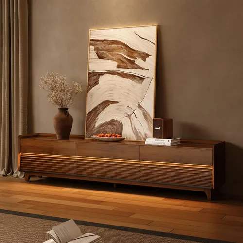 Miniatura 20 de POVISON Soporte de TV moderno de mediados de siglo totalmente ensamblado con luces LED ajustables, consola multimedia de madera, centro
