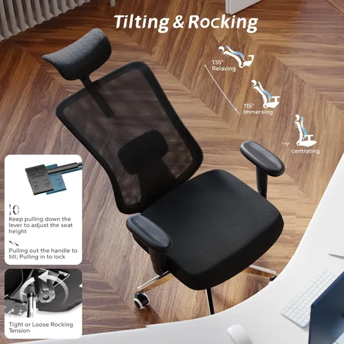 Miniatura 6 de Silla de oficina ergonómica con soporte lumbar ajustable y reposabrazos abatibles, silla de escritorio de computadora de respaldo alto con cojín