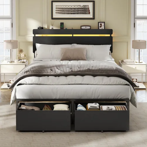 Miniatura 13 de Forestell - Marcos de cama individual con cabecera de madera, cama plataforma negra con 2 cajones de almacenamiento y estante, estación de carga