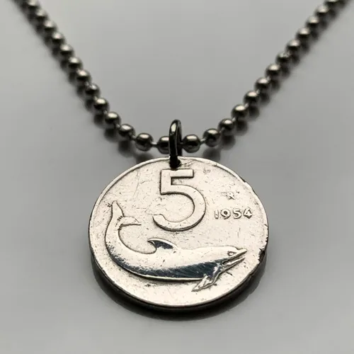 Miniatura 2 de 1953 Italy Italia 5 Lire coin pendant dolphin porpoise Rome Milan Florence Venice Verona Genoa Palermo Bologna Torino Napoli Cagliari San Gimignano