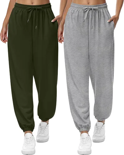 Riyiper 2 piezas de pantalones deportivos para mujer, de cintura alta, pantalones deportivos holgados de moda con bolsillos
