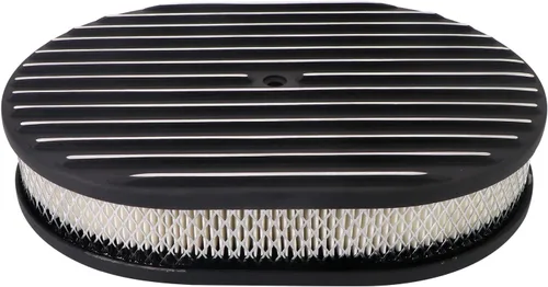 Miniatura 7 de Conjunto universal de filtro de aire ovalado de aluminio pulido de 12 pulgadas, color negro, totalmente aletado, se adapta a carburadores de cuello