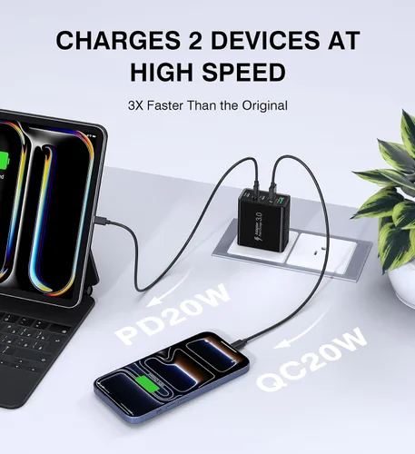 Miniatura 3 de [Paquete de 2] Cargador de pared USB C, bloque de cargador tipo C de 60 W, bloques de carga rápida de 5 puertos, enchufe multipuerto 3USB C+2USB A