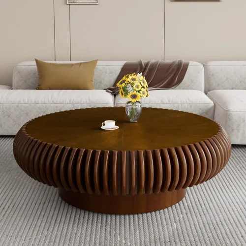 Miniatura 12 de Mesa de centro de tambor de 31.5 pulgadas, moderna y única, mesa de té acanalada, mesa de centro redonda de madera contemporánea con mesa central