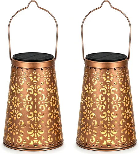 Miniatura 11 de LeiDrail Farol solar colgante al aire libre, faroles decorativos de metal, luz LED blanca cálida, impermeable, iluminación de paisaje para mesa