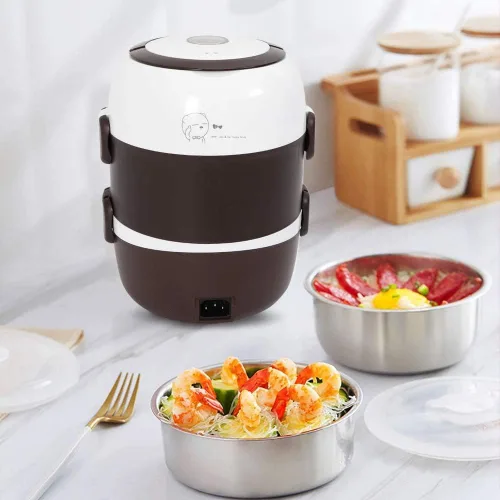 Miniatura 2 de Fiambrera eléctrica para arrocera, 3 capas, 2 L, calentador de alimentos de arroz portátil con estante para vapor, vaporizador de alimentos de acero