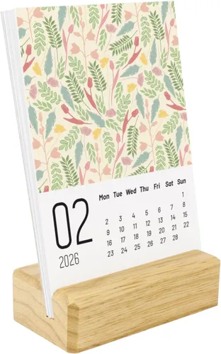 Miniatura 2 de Calendario de escritorio pequeño 2026 con tema floral, base de madera, oscuro