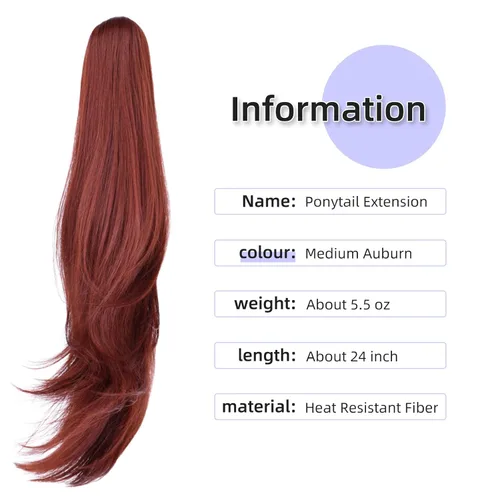 Miniatura 2 de Extensión de cola de caballo, extensiones de cabello con clip de garra de 24 pulgadas, extensiones de cabello largo y lacio, extensión de cabello
