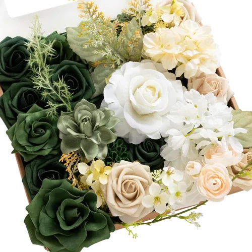 Miniatura 24 de Ling's moment Caja de Flores Falsas, Tallos de Vegetación Artificial Falsa Rosas de Espuma Dalias de Seda Hojas de Rosa Flor de Tela para Centros