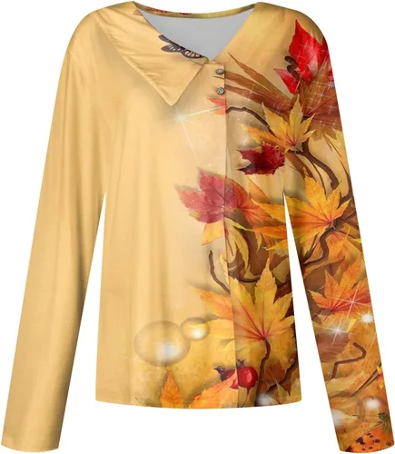 Miniatura 4 de Blusas sueltas de manga larga con cuello en V para mujer, estampado floral, cuello de solapa, asimétrica, con botones, para otoño 2023