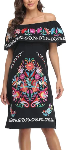 Miniatura 4 de YZXDORWJ Vestido bordado mexicano para mujer cuello con volantes sin mangas