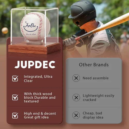 Miniatura 6 de JupDec Caja de exhibición de béisbol - Soporte de cubo transparente para pelotas de béisbol con base de madera, caja de soporte para autógrafos