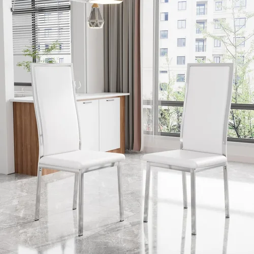 Miniatura 12 de Juego de 4 sillas de comedor modernas, de piel sintética blanca con patas de metal cromado dorado, diseño de respaldo alto curvo y acolchado