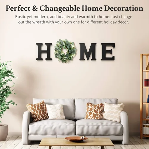 Miniatura 2 de Letras de madera para el hogar con corona de eucalipto artificial moderno decorativo colgante de casa de campo para sala de estar y cocina, Negro