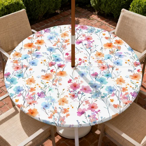 Miniatura 10 de Mantel para exteriores con agujero para sombrilla y cremallera, impermeable, redondo, ajustable con borde elástico, mantel lavable para mesa al aire