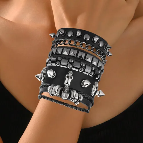 Miniatura 6 de 4 piezas de pulseras punk para hombres y mujeres, juego de pulseras de cuero con tachuelas, accesorio de joyería gótica rock para atuendo de los 80