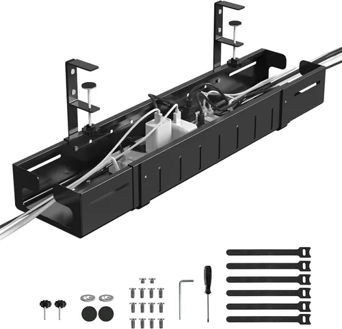 REALINN Bandeja de organización de cables para debajo del escritorio, color negro, expandible de 25.27 a 38.66 pulgadas, resistente cable de