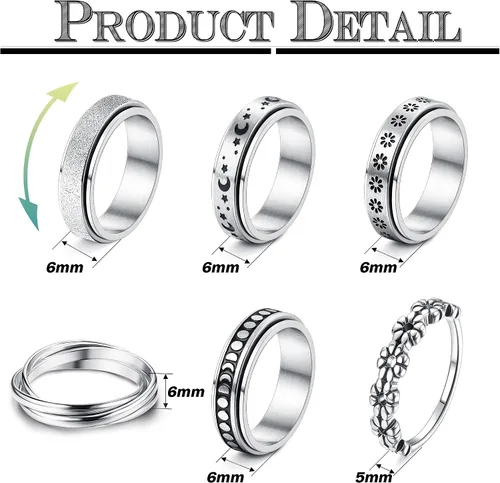 Miniatura 2 de FUNRUN JEWELRY Anillo de acero inoxidable para la ansiedad para mujeres y hombres, anillos giratorios de luna y estrella celta para aliviar