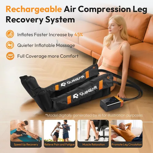 Miniatura 5 de QUINEAR Sistema inalámbrico de recuperación de piernas con compresión de aire de 5 zonas, masajeador de piernas para circulación con 11 niveles y 3