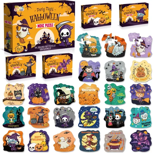 Recuerdo de fiesta de Halloween para niños, paquete de 24 rompecabezas en diseños temáticos para dulce o truco, relleno de bolsas de golosinas,