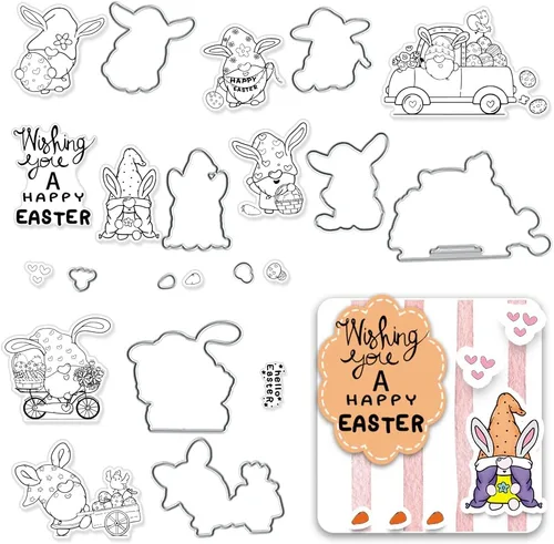 Huevos de Pascua, gnomos, sellos y troqueles para hacer tarjetas, sellos transparentes de Pascua y troqueles de corte, sellos de palabras, gnomos,