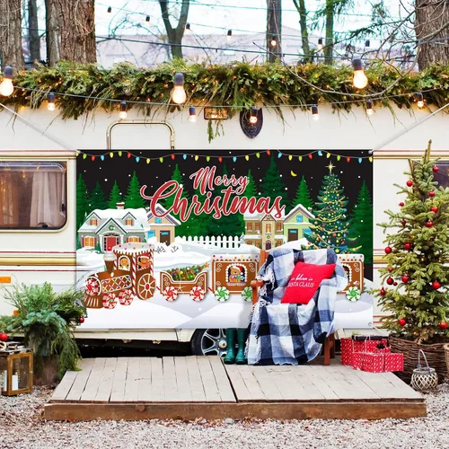 Miniatura 6 de Cartel de Feliz Navidad, extra grande, tela de Navidad, suministros de decoración de fiesta de Año Nuevo, suministros de tren de Navidad, cabina