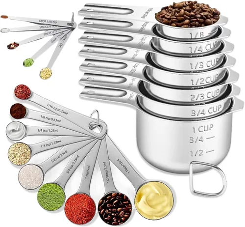 Juego de 21 tazas y cucharas medidoras, incluye 7 tazas medidoras anidables, 9 cucharas medidoras y 5 mini cucharas, juego de medición de metal de