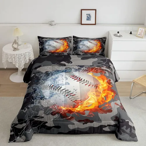 Miniatura 41 de Feelyou Juego de edredón de béisbol, juego de ropa de cama de juegos deportivos, edredón de béisbol con bandera estadounidense vintage, juego
