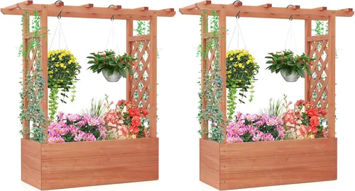 Miniatura 11 de Giantex Cama de jardín elevada con enrejado y techo colgante, jardinera de madera con parte inferior y agujeros de drenaje, maceta de jardín