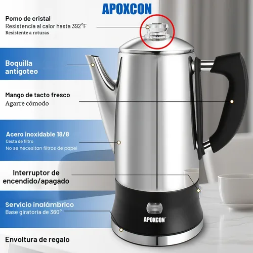 Miniatura 4 de APOXCON Cafetera eléctrica de acero inoxidable con perilla de progreso de preparación transparente, botón de vidrio resistente y interruptor