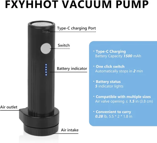 Miniatura 2 de Bomba de vacío eléctrica inalámbrica para bolsas de almacenamiento al vacío, viajes, bomba de aire de viaje, sello recargable USB portátil y bolsa