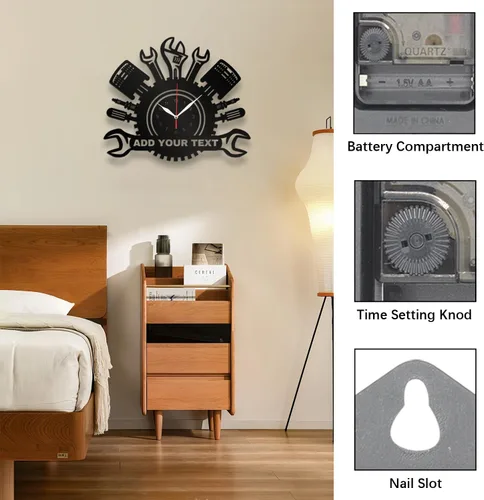 Miniatura 4 de Reloj de pared de garaje personalizado, herramientas mecánicas de reparación automática, reloj de pared, nombre personalizado, texto, hombre, cueva