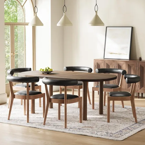 Miniatura 23 de Kmax Sillas de comedor de mediados de siglo, sillas de cocina de tela moderna con marco con acabado de nogal natural, respaldo curvado de lino, beige