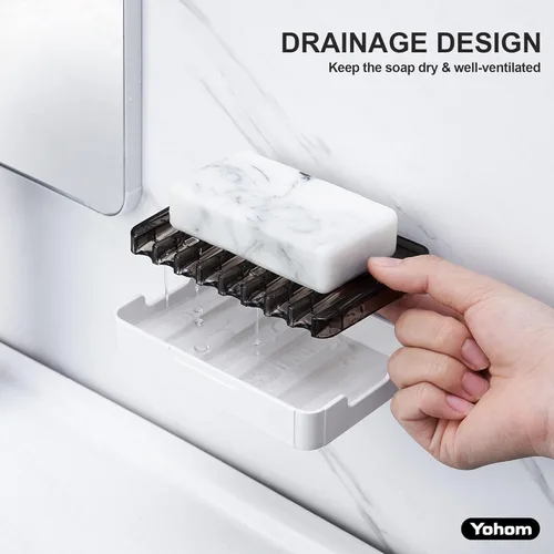 Miniatura 4 de YOHOM Jabonera adhesiva para colgar en la pared de la ducha con bandeja de drenaje, soporte de jabón para fregadero de baño, 2 unidades Negro