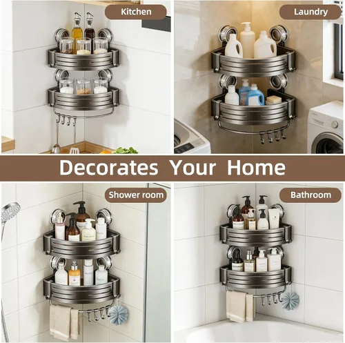 Miniatura 8 de Organizador de ducha de esquina, estante de pared de baño con ventosa, organizador de aluminio sin taladrar con ganchos, estante flotante