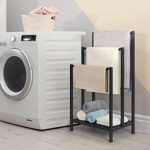 Miniatura 7 de Toallero independiente, toallero de metal de 3 niveles, soporte para manta para dormitorio, soporte de toalla de baño negro, soporte para toallas