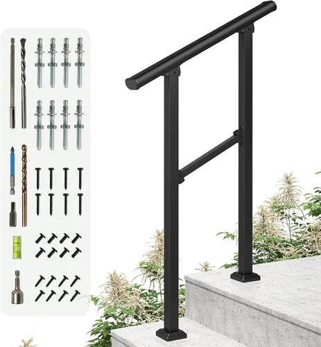 LOVMOR Barandillas de mano de 2 escalones para escalones al aire libre, barandilla de hierro forjado, barandilla exterior para escalones, kit de